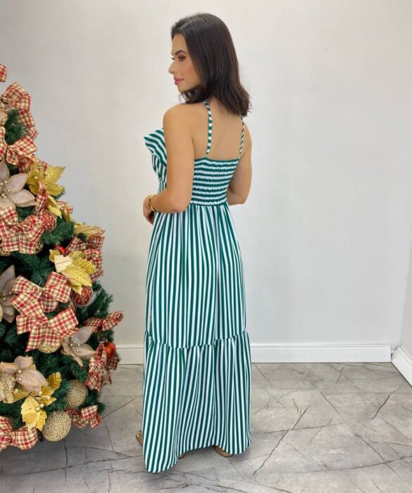 Vestido Longo Ingrid com Bojo Detalhe em Babado Listrado Verde - Fernanda Ramos Store