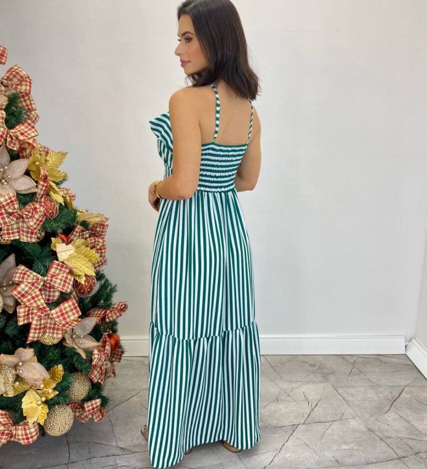 Vestido Longo Ingrid com Bojo Detalhe em Babado Listrado Verde - Fernanda Ramos Store