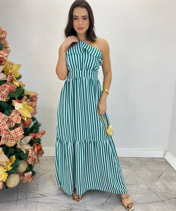 Vestido Longo Ingrid com Bojo Detalhe em Babado Listrado Verde - Fernanda Ramos Store