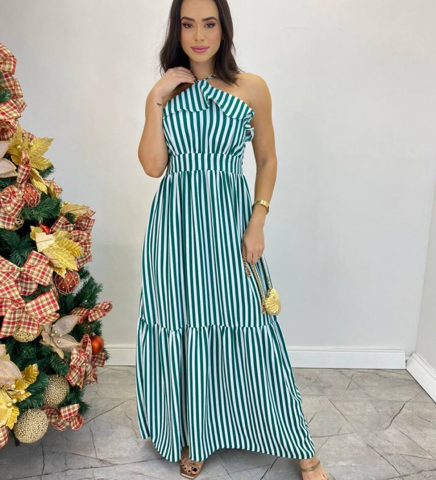 Vestido Longo Ingrid com Bojo Detalhe em Babado Listrado Verde - Fernanda Ramos Store