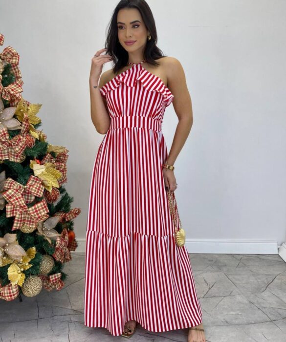 Vestido Longo Ingrid com Bojo Detalhe em Babado Listrado Vermelho - Fernanda Ramos Store