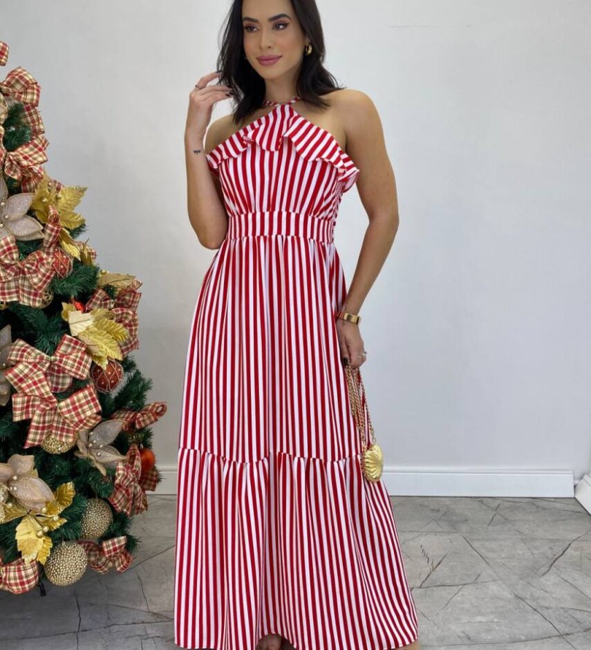 Vestido Longo Ingrid com Bojo Detalhe em Babado Listrado Vermelho - Fernanda Ramos Store