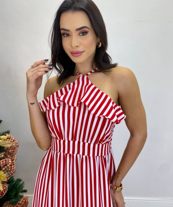 Vestido Longo Ingrid com Bojo Detalhe em Babado Listrado Vermelho - Fernanda Ramos Store