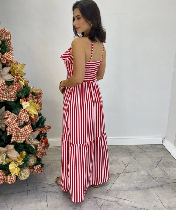 Vestido Longo Ingrid com Bojo Detalhe em Babado Listrado Vermelho - Fernanda Ramos Store