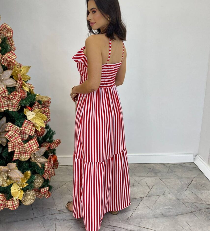 Vestido Longo Ingrid com Bojo Detalhe em Babado Listrado Vermelho - Fernanda Ramos Store