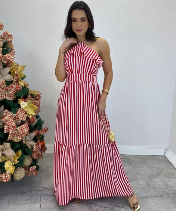 Vestido Longo Ingrid com Bojo Detalhe em Babado Listrado Vermelho - Fernanda Ramos Store