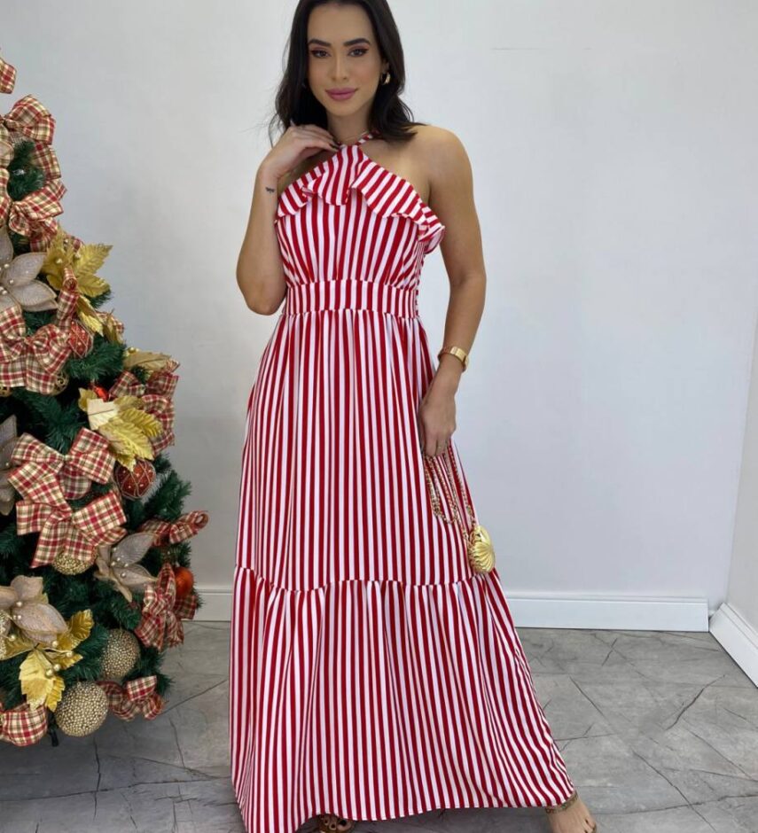 Vestido Longo Ingrid com Bojo Detalhe em Babado Listrado Vermelho - Fernanda Ramos Store