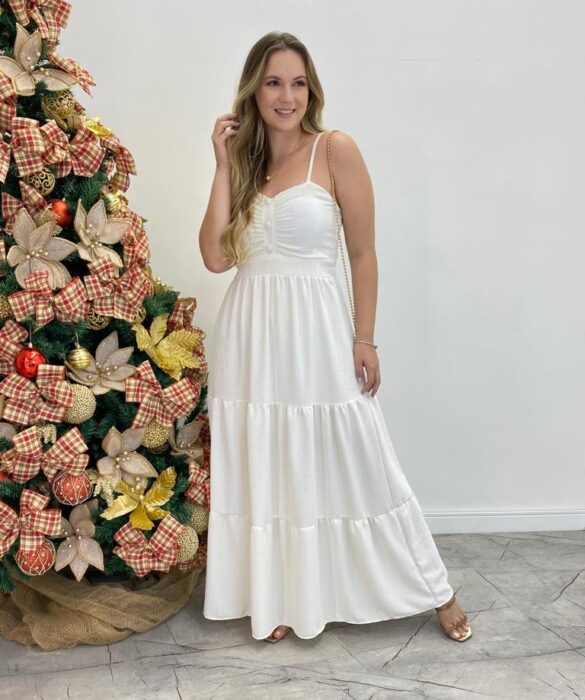 Vestido Longo Isabella Branco com Bojo e Botões Falsos - Fernanda Ramos Store