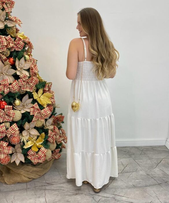 Vestido Longo Isabella Branco com Bojo e Botões Falsos - Fernanda Ramos Store