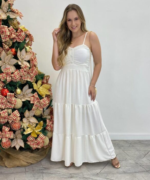 Vestido Longo Isabella Branco com Bojo e Botões Falsos - Fernanda Ramos Store