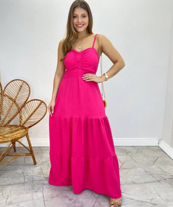 Vestido Longo Isabella Pink com Bojo e Botões Falsos - Fernanda Ramos Store