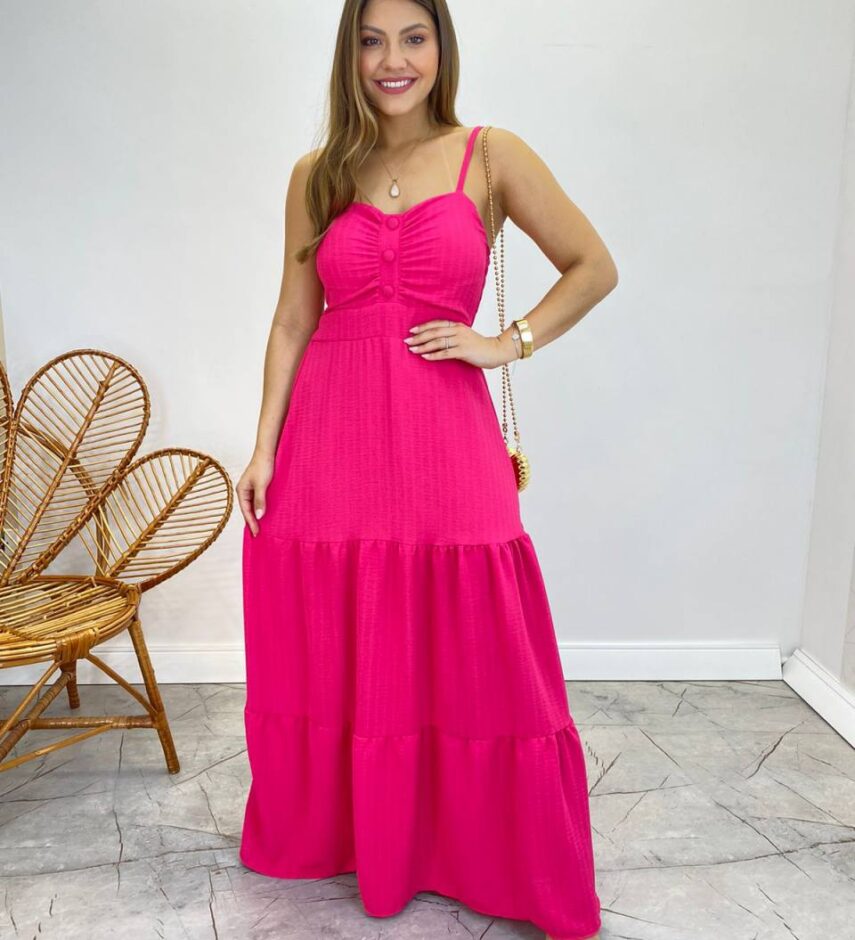 Vestido Longo Isabella Pink com Bojo e Botões Falsos - Fernanda Ramos Store