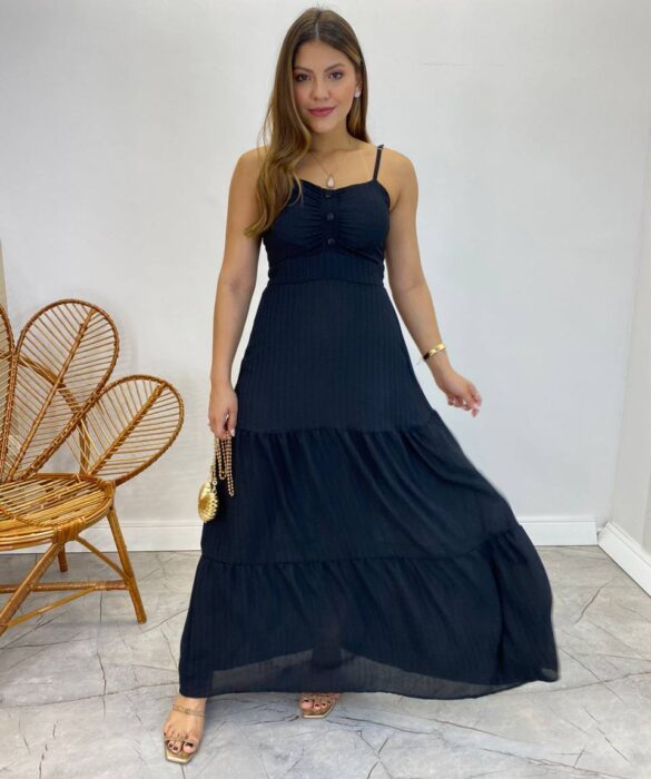 Vestido Longo Isabella Preto com Bojo e Botões Falsos - Fernanda Ramos Store