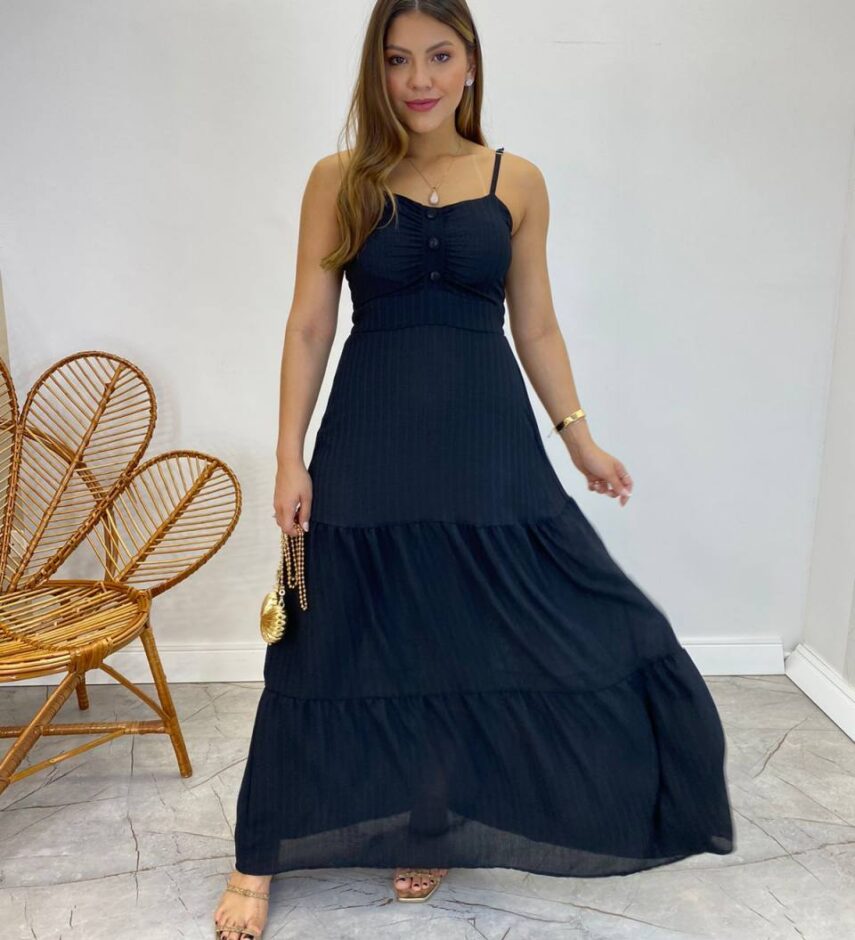 Vestido Longo Isabella Preto com Bojo e Botões Falsos - Fernanda Ramos Store