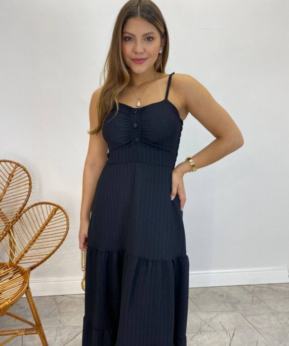 Vestido Longo Isabella Preto com Bojo e Botões Falsos - Fernanda Ramos Store