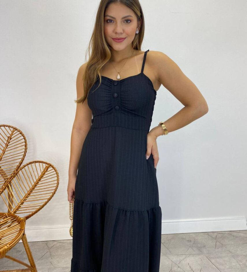 Vestido Longo Isabella Preto com Bojo e Botões Falsos - Fernanda Ramos Store