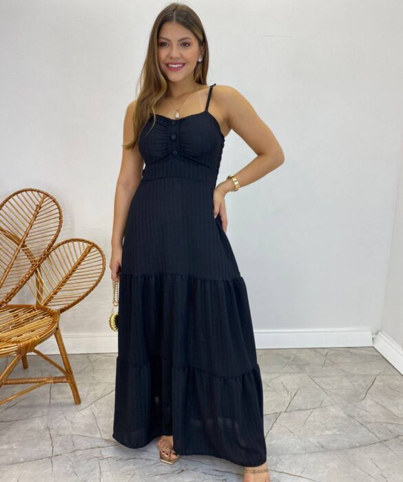 Vestido Longo Isabella Preto com Bojo e Botões Falsos - Fernanda Ramos Store