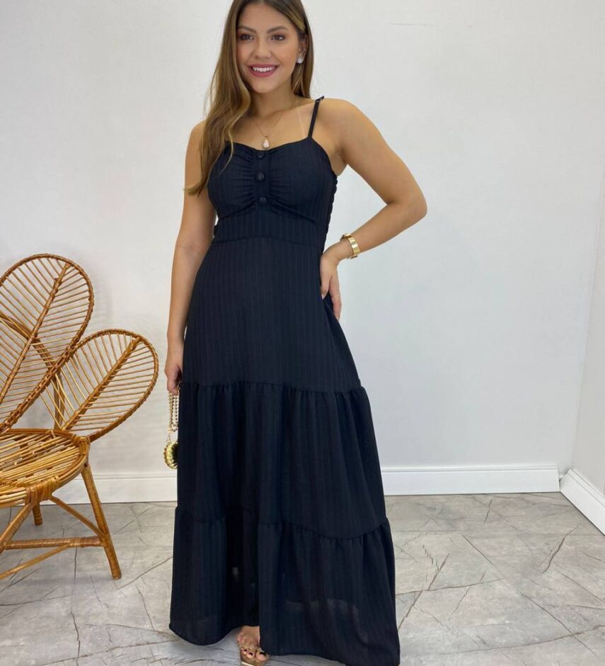 Vestido Longo Isabella Preto com Bojo e Botões Falsos - Fernanda Ramos Store