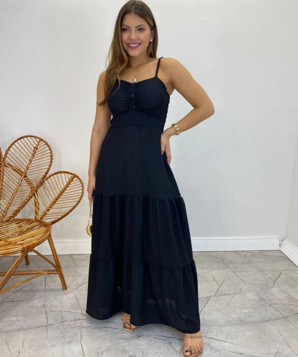 Vestido Longo Isabella Preto com Bojo e Botões Falsos - Fernanda Ramos Store