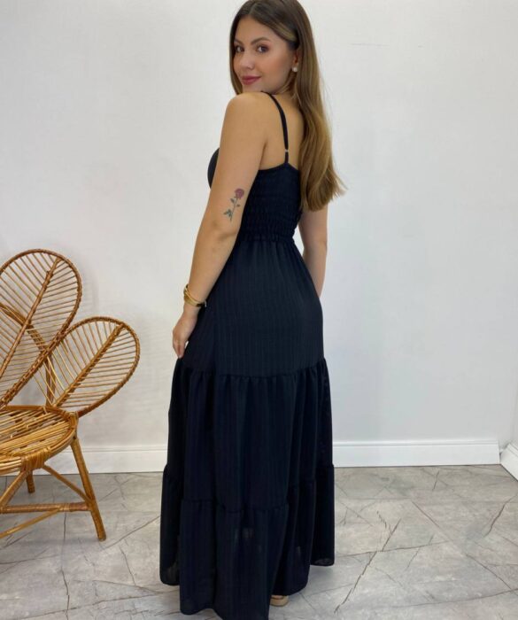 Vestido Longo Isabella Preto com Bojo e Botões Falsos - Fernanda Ramos Store