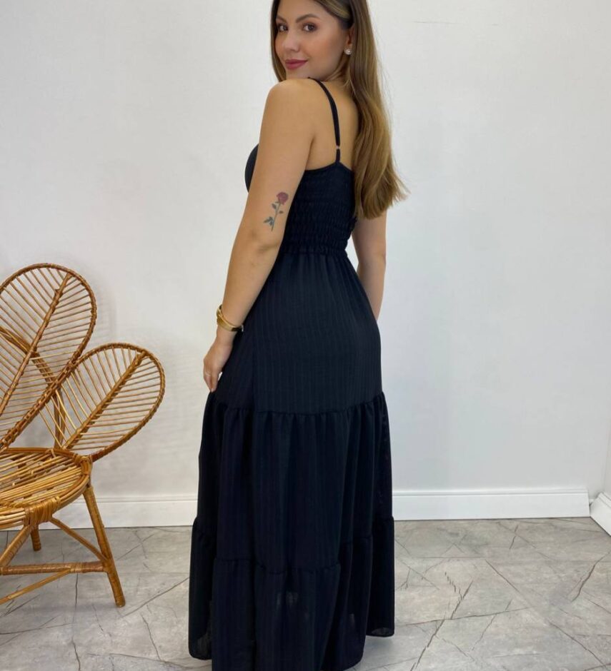 Vestido Longo Isabella Preto com Bojo e Botões Falsos - Fernanda Ramos Store