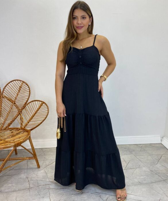 Vestido Longo Isabella Preto com Bojo e Botões Falsos - Fernanda Ramos Store