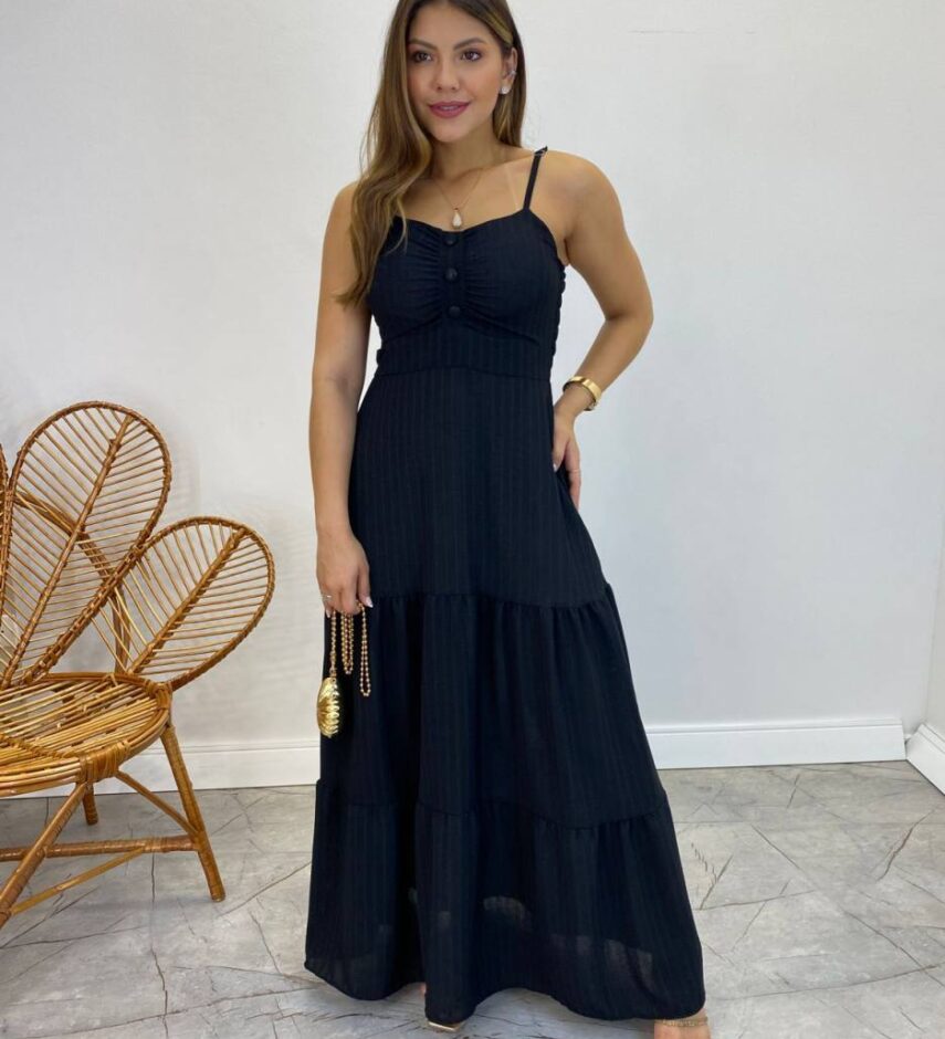 Vestido Longo Isabella Preto com Bojo e Botões Falsos - Fernanda Ramos Store