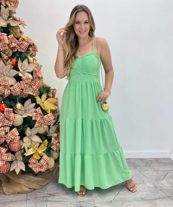 Vestido Longo Isabella Verde Claro com Bojo e Botões Falsos - Fernanda Ramos Store