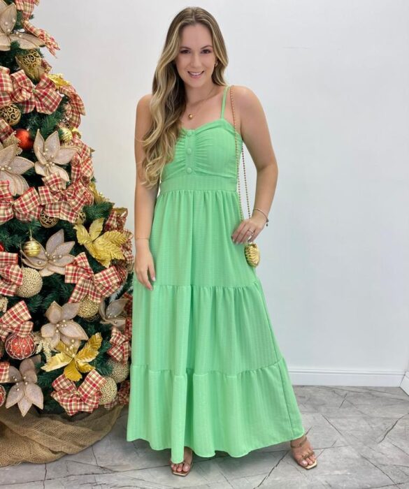 Vestido Longo Isabella Verde Claro com Bojo e Botões Falsos - Fernanda Ramos Store