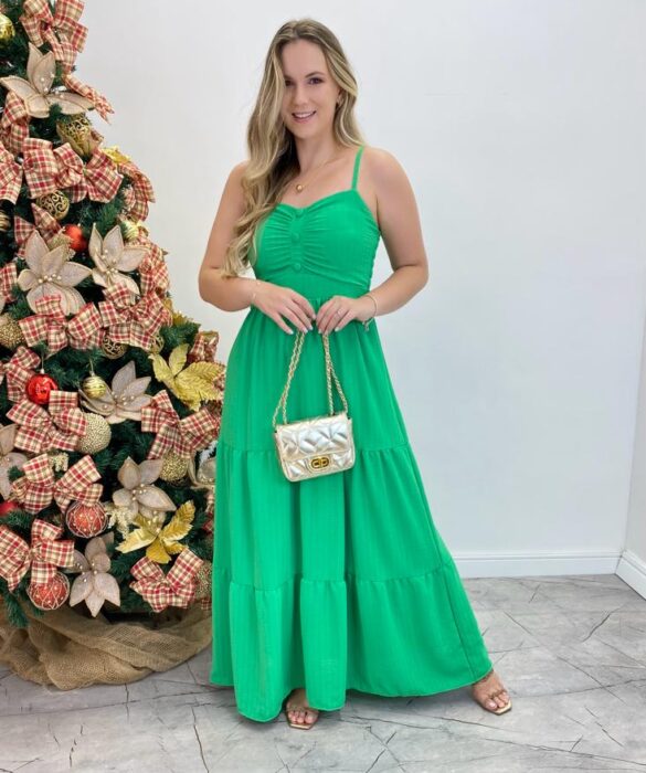 Vestido Longo Isabella Verde com Bojo e Botões Falsos - Fernanda Ramos Store