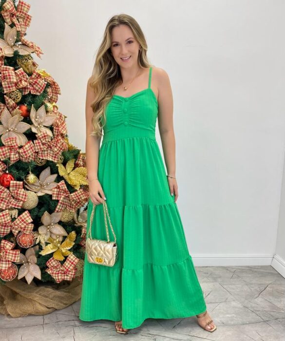 Vestido Longo Isabella Verde com Bojo e Botões Falsos - Fernanda Ramos Store