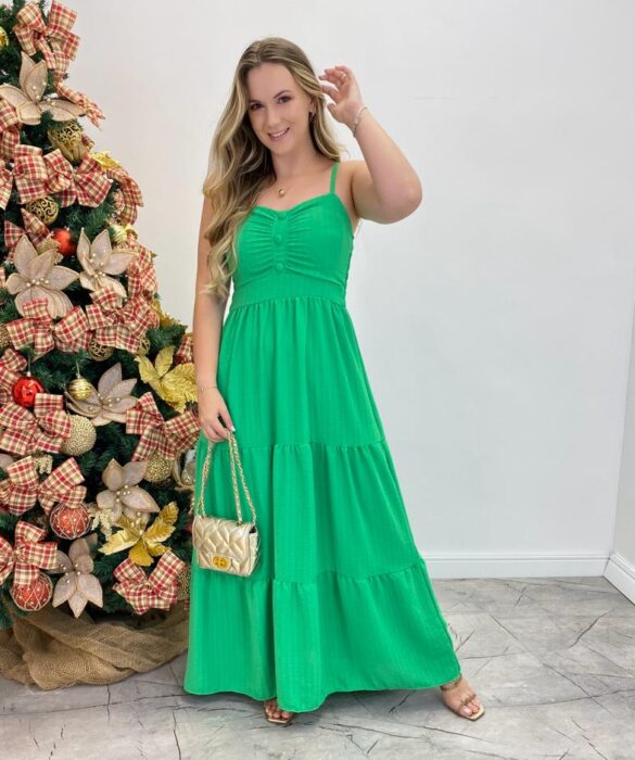 Vestido Longo Isabella Verde com Bojo e Botões Falsos - Fernanda Ramos Store