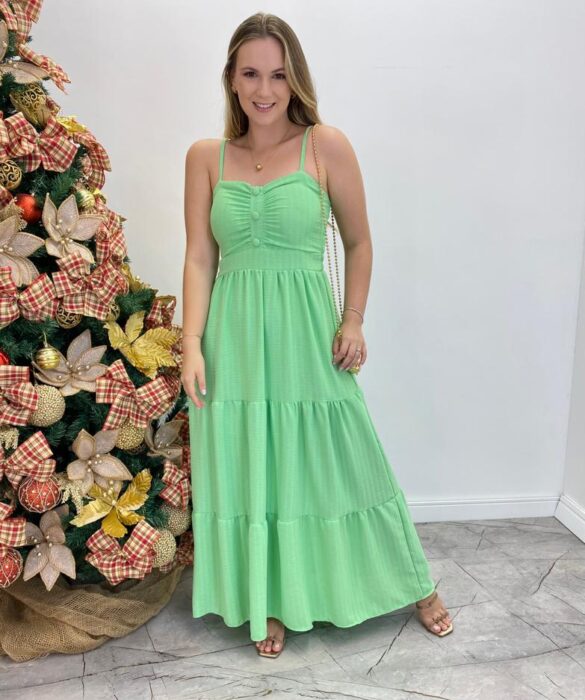 Vestido Longo Isabella Verde Claro com Bojo e Botões Falsos - Fernanda Ramos Store