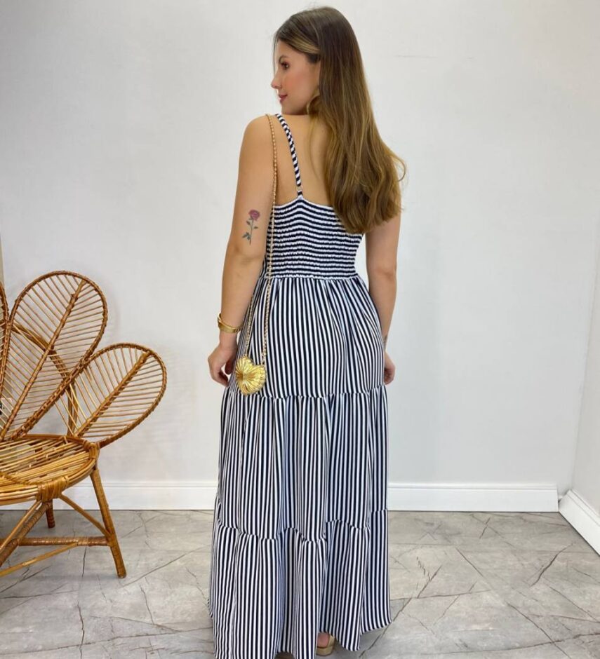 Vestido Longo Jéssica com Bojo e Alça Regulável Listrado de Preto - Fernanda Ramos Store