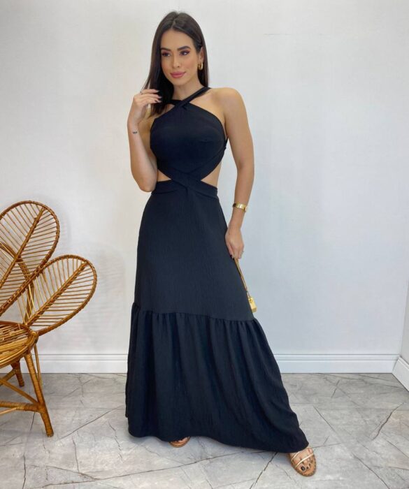 Vestido Longo Júlia Preto com Bojo e Amarração - Fernanda Ramos Store