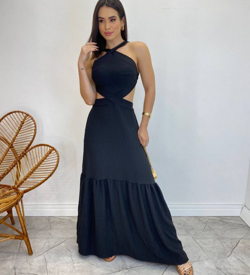 Vestido Longo Júlia Preto com Bojo e Amarração - Fernanda Ramos Store