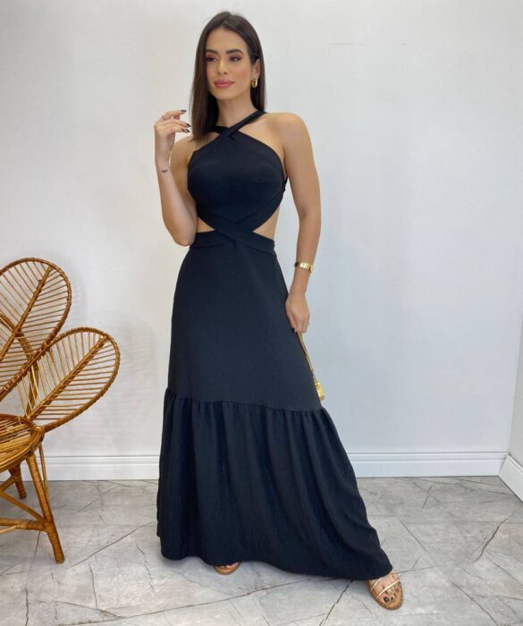 Vestido Longo Júlia Preto com Bojo e Amarração - Fernanda Ramos Store