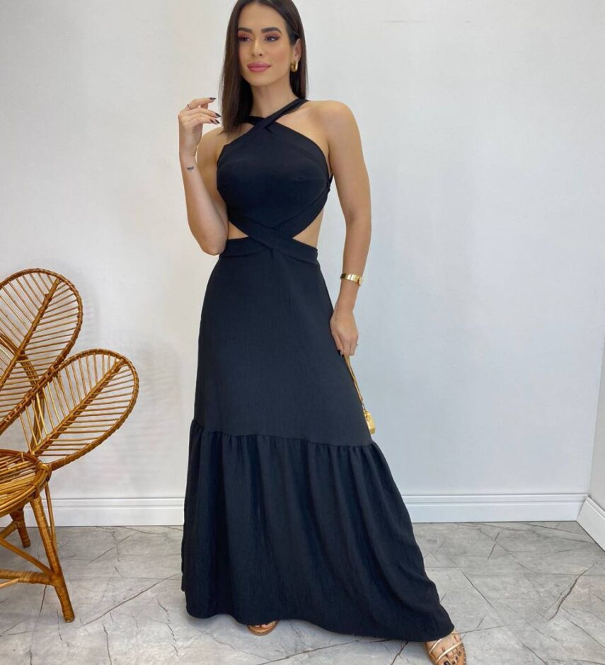 Vestido Longo Júlia Preto com Bojo e Amarração - Fernanda Ramos Store