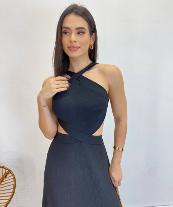 Vestido Longo Júlia Preto com Bojo e Amarração - Fernanda Ramos Store