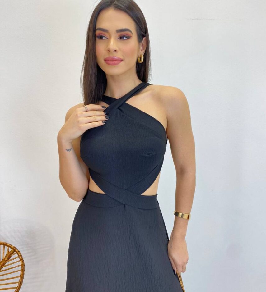 Vestido Longo Júlia Preto com Bojo e Amarração - Fernanda Ramos Store