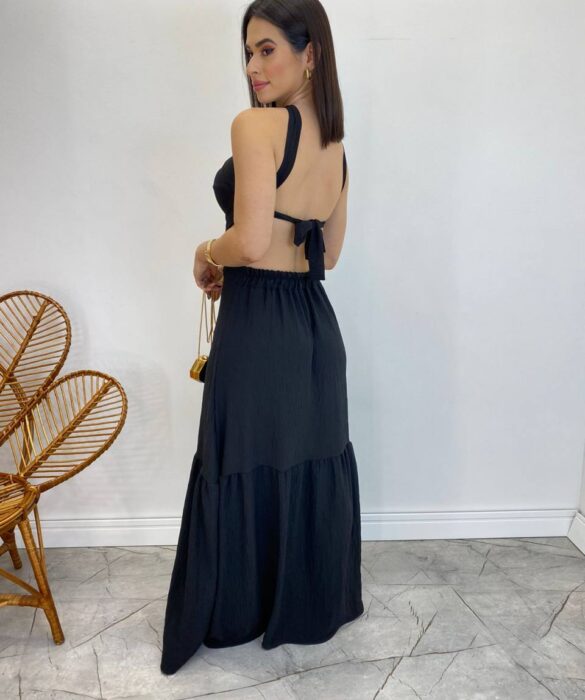 Vestido Longo Júlia Preto com Bojo e Amarração - Fernanda Ramos Store