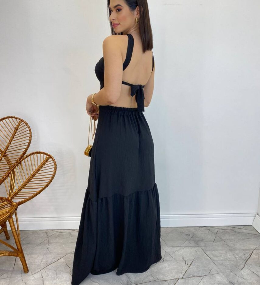 Vestido Longo Júlia Preto com Bojo e Amarração - Fernanda Ramos Store