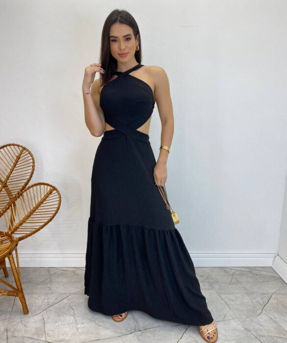 Vestido Longo Júlia Preto com Bojo e Amarração - Fernanda Ramos Store