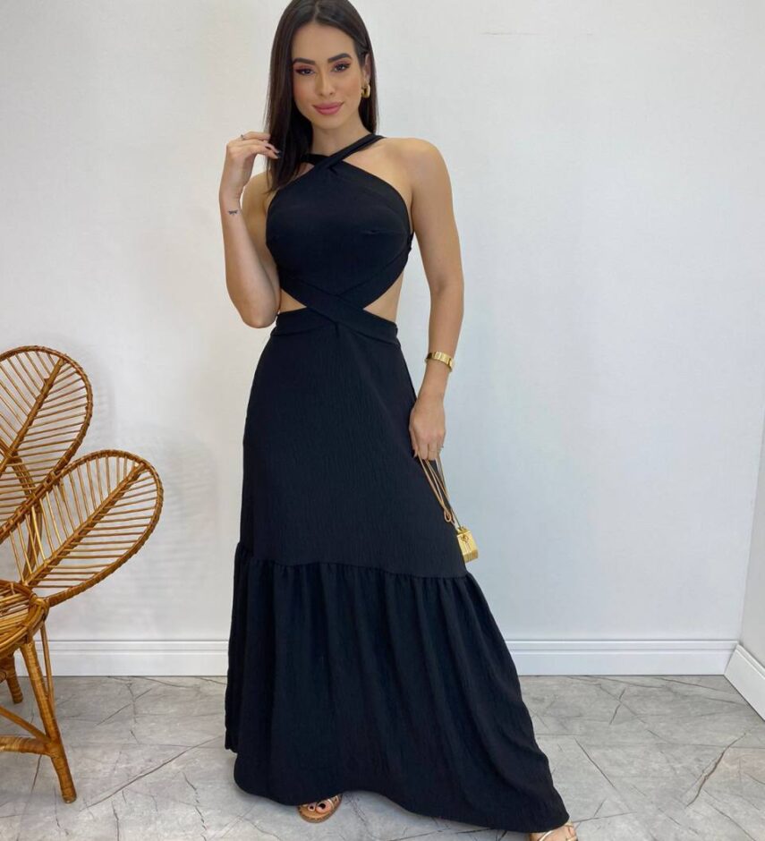 Vestido Longo Júlia Preto com Bojo e Amarração - Fernanda Ramos Store