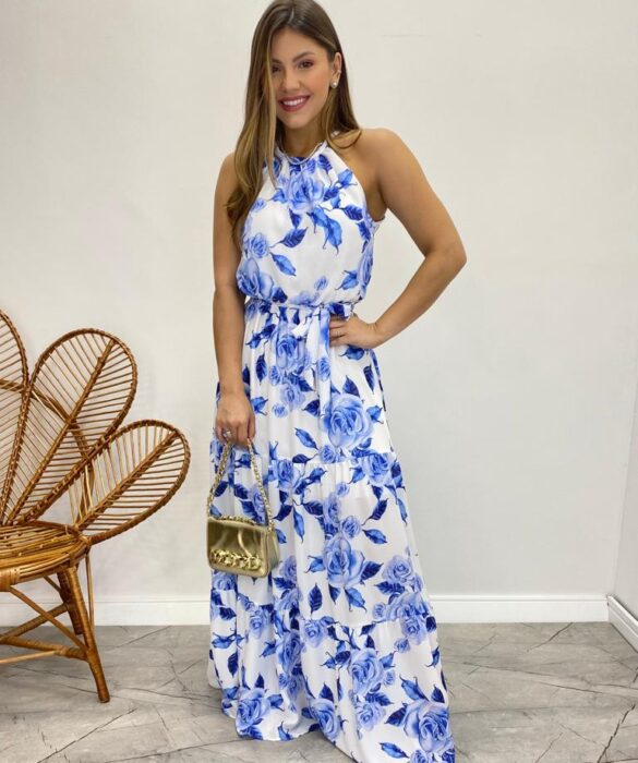 Vestido Longo Laísa com Bojo e Amarração Estampa Floral Azul - Fernanda Ramos Store