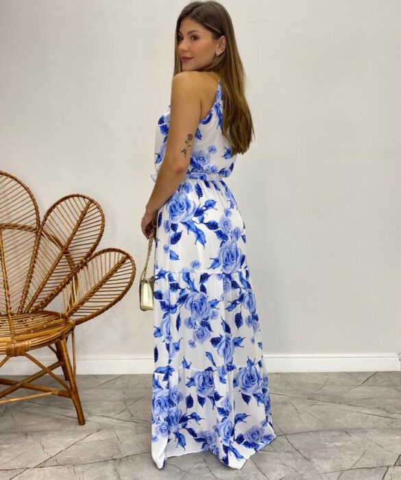 Vestido Longo Laísa com Bojo e Amarração Estampa Floral Azul - Fernanda Ramos Store