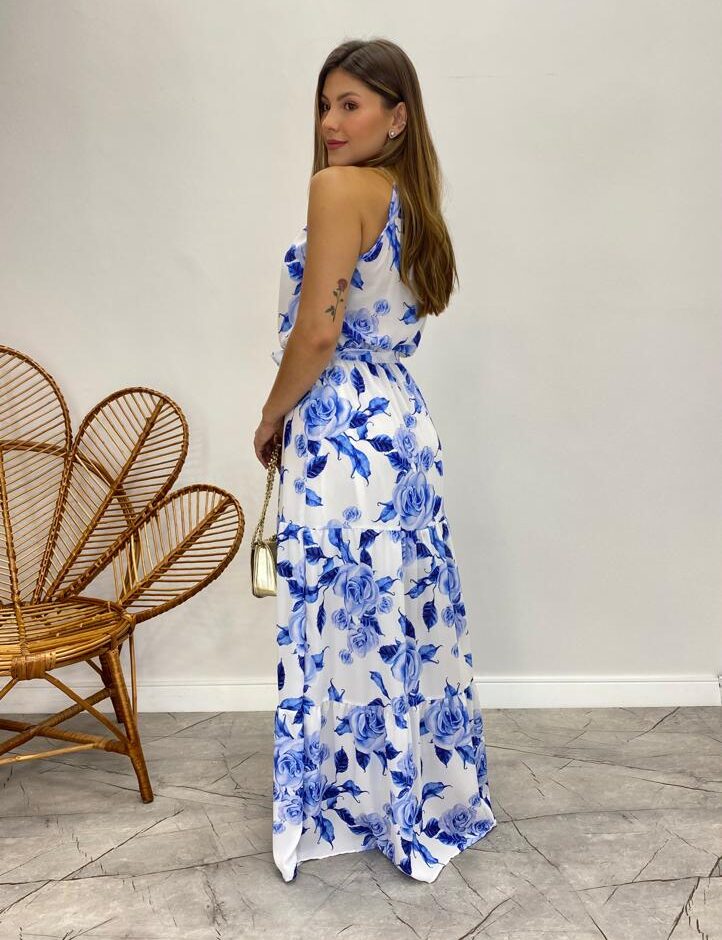 Vestido Longo Laísa com Bojo e Amarração Estampa Floral Azul - Fernanda Ramos Store