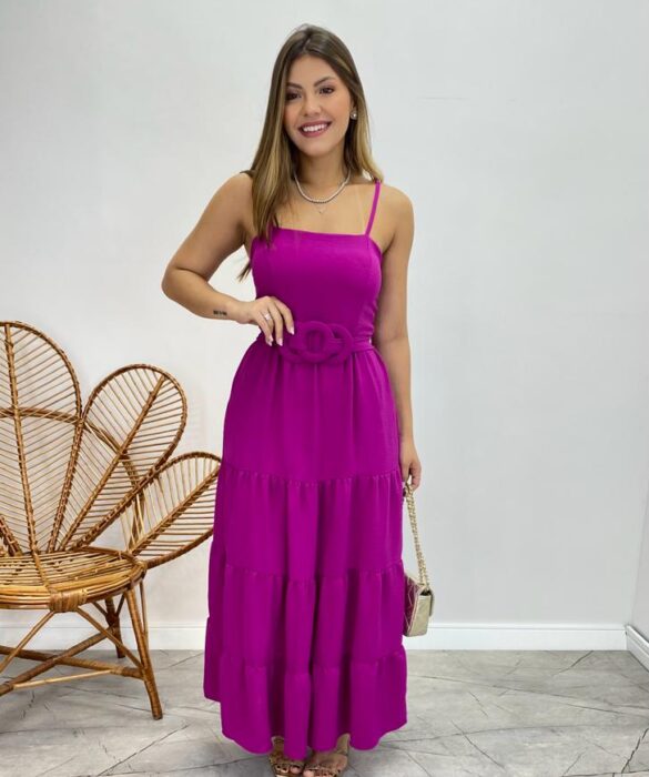 Vestido Longo Maitê com Bojo e Amarração Fúcsia - Fernanda Ramos Store