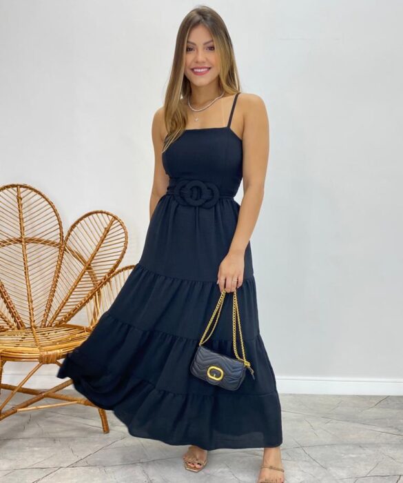 Vestido Longo Maitê com Bojo e Amarração Preto - Fernanda Ramos Store