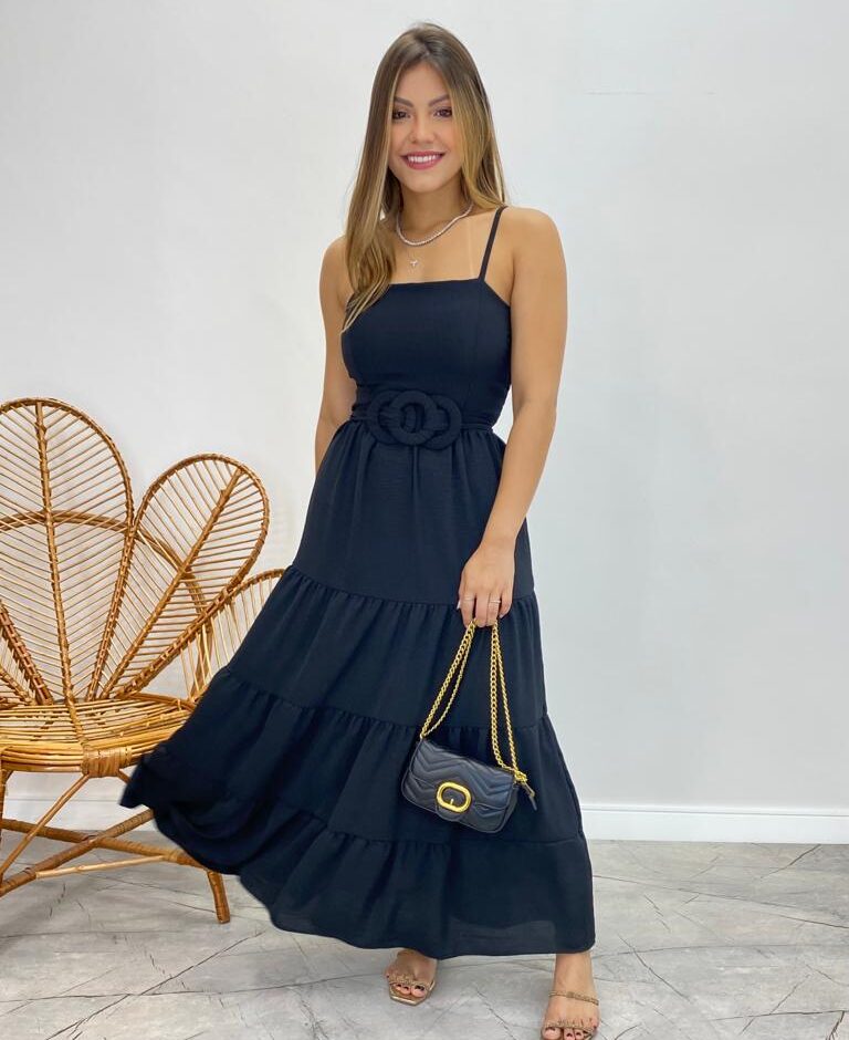 Vestido Longo Maitê com Bojo e Amarração Preto - Fernanda Ramos Store